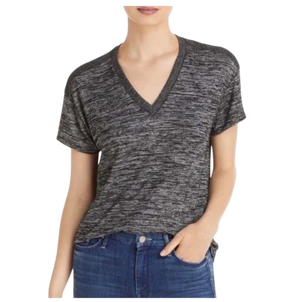 Rag & Bone Marled V-Neck Short Sleeve Knit Top, Black Gray, Women's Size Small